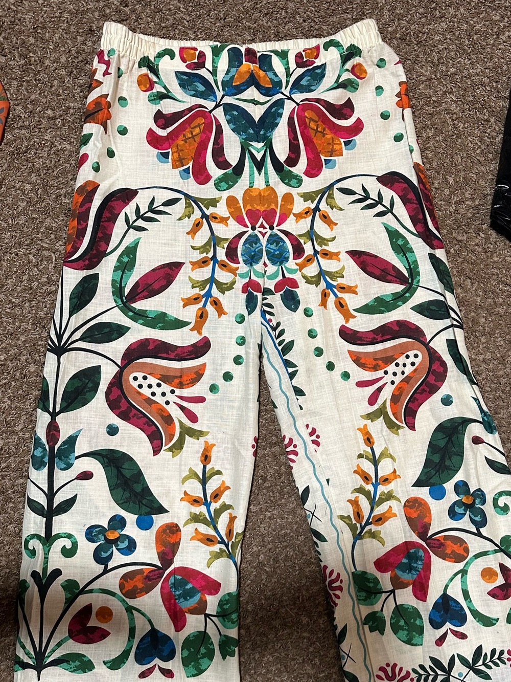 Linen Suzani Tapestry Folkloric Botanical Print Wide-Leg Pants - Picture 3 of 3